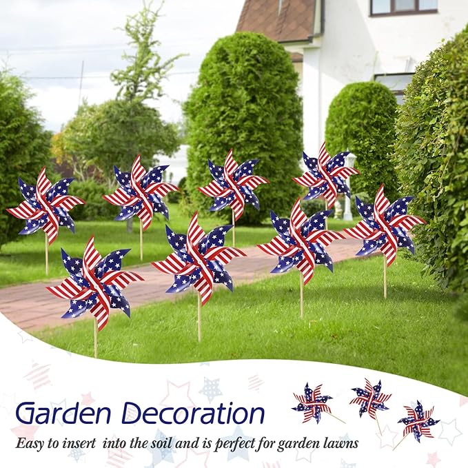 HOOSUN 4th of July Decorations,12Pcs American Flag Patriotic Pinwheels for Yard and Garden,Fourth of July Pinwheels Patriotic Memorial Day Decorations,Garden Wind Spinners,Pinwheel for Kids,Lawn,Patio