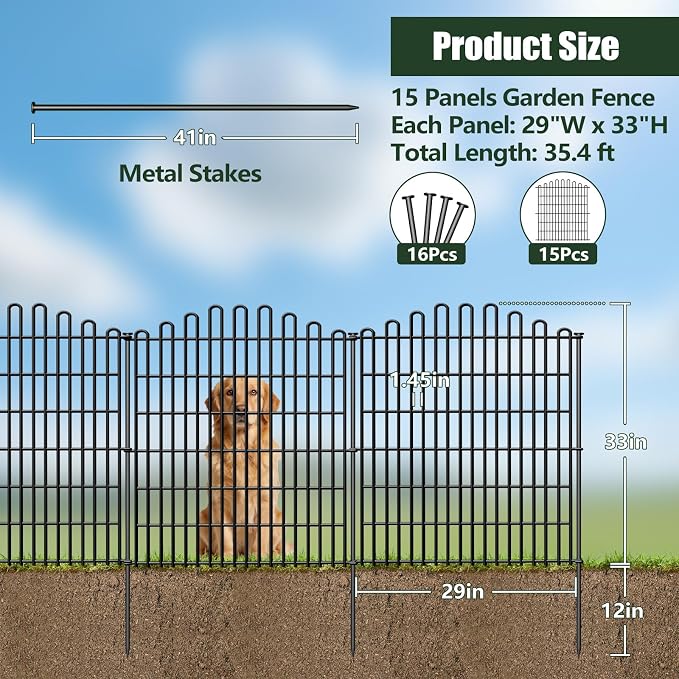 15 Panels No Dig Decorative Garden Fence, 33in H x 35.4ft L Animal Barrier Fencing, Rustproof Dog Fence Outdoor for Yard, Metal Wire Panel Border, Classic Arched-Top Panels for Patio, Flower Bed