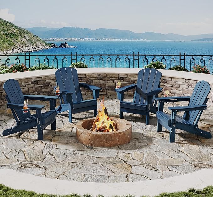 GarveeLife Folding Adirondack Chair Set of 4, All-Weather HDPE Outdoor Chair, Wooden Textured with Cup Holder for patios, Decks, Gardens, fire pits, Navy Blue