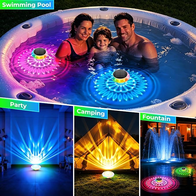 Solar Floating Pool Lights, 6.4" Solar Pool Lights that Float, RGB Upper and Lower Floating Pool Light Solar Powered, IP67 Waterproof, 57 Modes, 3 Timers for Above Ground Pools, Bathtub & Party, 4 PCS