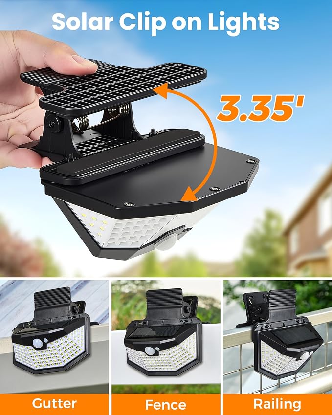 Clip on Solar Lights Outdoor, 115 LED 800LM Solar Motion Lights Outdoor with 300° Wide Angle & 3 Modes, IP65 Waterproof Outdoor Security Lights for Fence, Yard, Garden