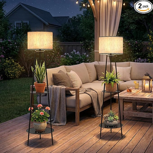 MXwcy 2Pack Solar Outdoor Floor Lamps with Plant Shelves, Waterproof Solar Standing Lamps for Patio Porch Garden Yard, Auto On/Off Warm LED Outdoor Floor Lights, Cordless 2-Tier Plant Stand Decor
