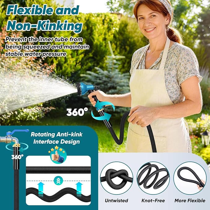 Garden Hose 100FT Non-Expanding, Lightweight Hose With 10-Function Nozzle, Leak-Proof No-Knot Easy to Carry Sturdy Flexible Water Hose for Yard Garden Outdoor（Light Black）