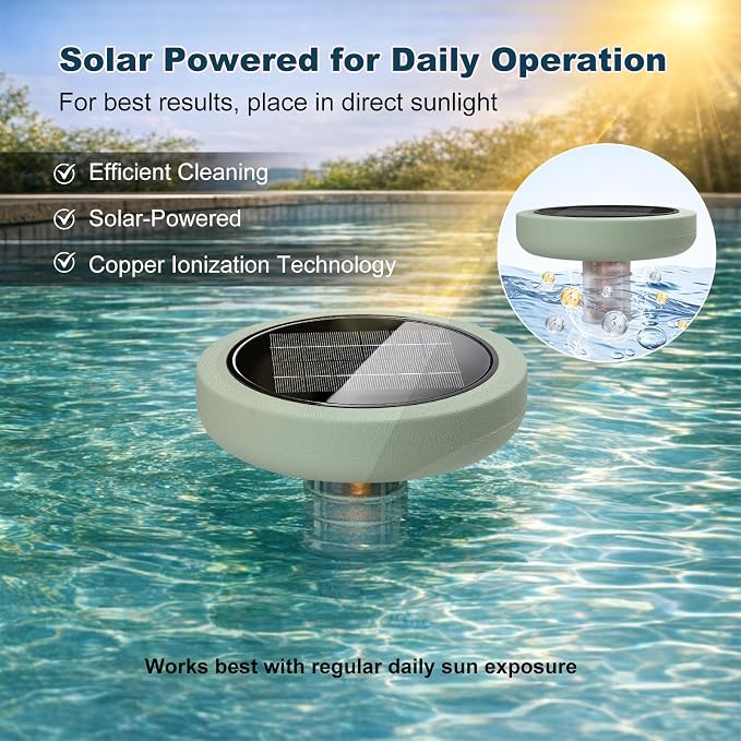 Solar Pool Ionizer for Above Ground, Solar Powered Floating Copper Purifier, Reduce Chlorine 85% Up to 45,000 Gallons, Swimming Pools Water Cleaner for In-ground Pools and Spas (Green)