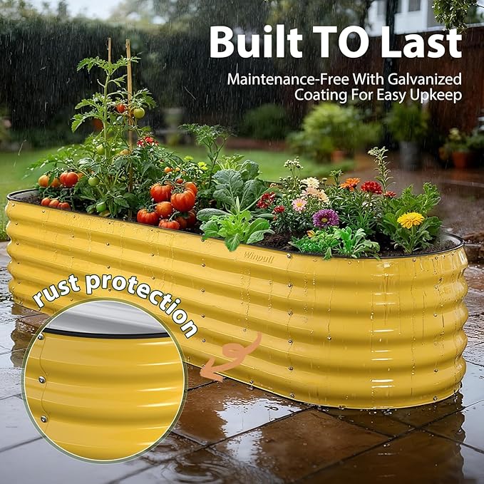 Winpull 8x2x1.5 ft Galvanized Steel Raised Garden Bed, Raised Garden Bed Kit, Galvanized Planter Box Outdoor, 18" Tall Oval Large Metal Raised Bed for Gardening Vegetables Flower Herb (Cream Yellow)
