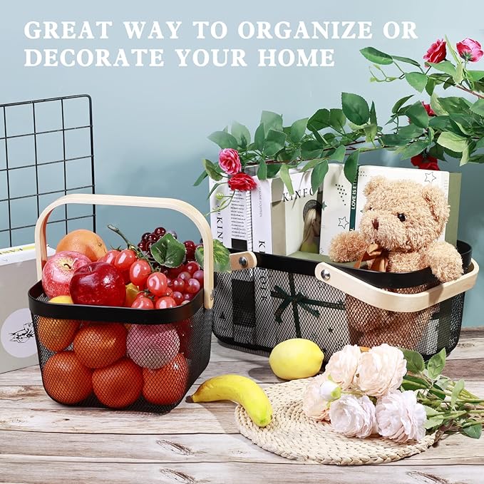 Dualshine 2 Pack Garden Harvest Basket, Metal Mesh Wire Picnic Basket with Handle, Rectangle Garden Baskets for Gathering Vegetables, Fruits, Kitchen, Home Cabinet Closet and Office(Black)