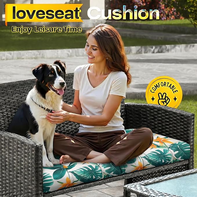 MAGIC ELEPHANT Outdoor Bench Cushion, Memory Foam Loveseat Cushion for Patio Furniture Wicker Chair, Settee Porch Swing Seat Cushion, 44 x 19 Inches (Tropical Monstera)