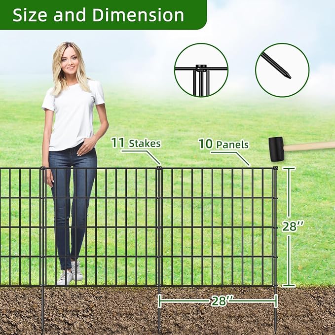 FOREHOGAR Metal Garden Fence 28in (H) x 23.3ft (L), 10 Panels + 11 Stakes Dog Fence Border Fence Animal Barrier, No Dig Garden Fencing for Yard Flower Bed Lawn Patio Outdoor, PIN282810 Black