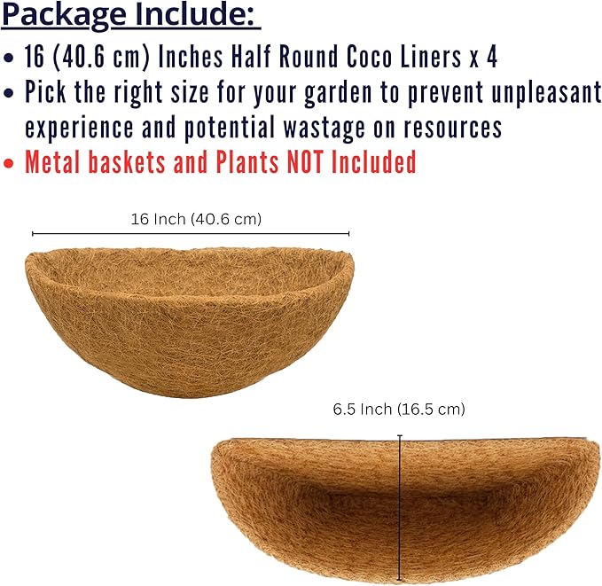 LaLaGreen 16" (4 Pack, Half Round) Coco Liners for Wall Planter Outdoor Plants – Medium Coir Fiber Replacement for Window Box, Hanging Basket, Holder-Also Available in 10/12/16’’ & Different Shapes
