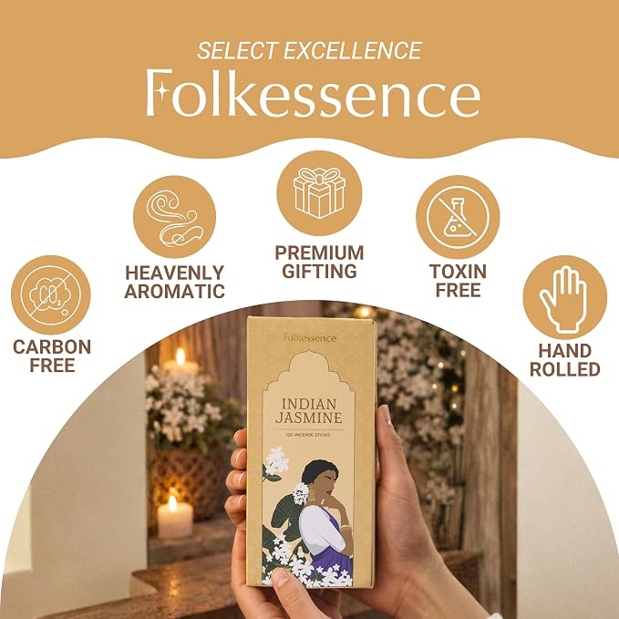 Folkulture Incense Sticks (120 Sticks) | Jasmine Incense for Aromatherapy & Yoga | Long Burning, Charcoal-Free, Non-Toxic Incense for Relaxation & Summer Vibes | Home Decor Gifts