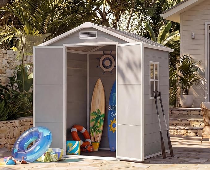 6x4 ft Outdoor Storage Shed with Floor, Plastic Resin Garden Shed with Window & Lockable Door, Tool Shed for Patio, Backyard, Lawn Mower, Bike Storage