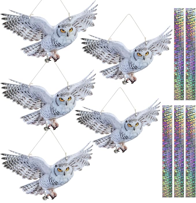 Hanging Owl Device for Outdoor Garden, 5 PCS Flat Reflective Owl with Tape and Bell to Keep Woodpecker Pigeon Away from Patio Yard Balcony Window, Weatherproof Animal Scare Decor