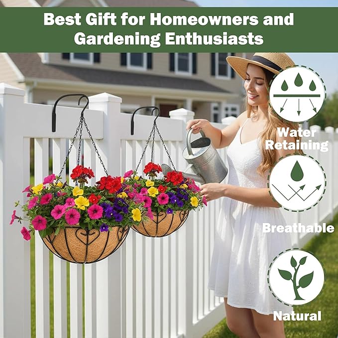 4 Pack 16 Inch Hanging Planters for Outdoor Plants, Metal Hanging Basket with Coco Coir Liner, Black, Modern