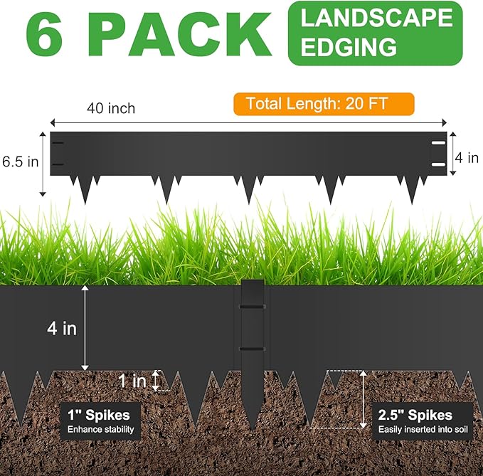 6-Pack Metal Landscape Edging (20ft Total), 40" x 6.5" Steel Garden Edging Border w/ 6 Stakes, Rustproof Hammer-in Edging for Landscaping, Lawn, Yard, Tree Rings, Flower Beds