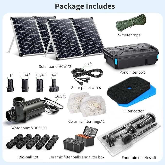 POPOSOAP 120W Solar Fountain Pump and Filter Kit, 1600GPH Solar Powered Pond Filter with 4-Stage Biological Filtration, Water Pump & Pond Filter Box for Outdoor Koi Pond, Garden, Waterfall P3120