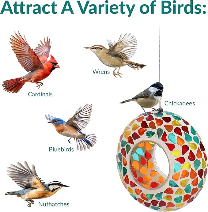 Sunnydaze 6-Inch Glass Mosaic Hanging Bird Feeder for Outdoors - Fly-Through Glass Bird Feeder for Cardinals, Jays, Finches and More - Confetti Mosaic