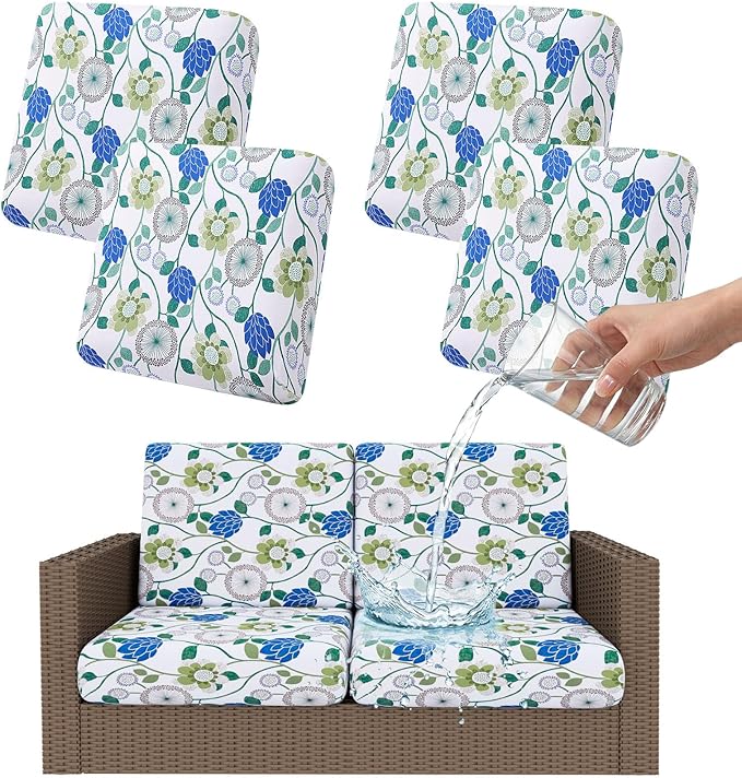 Smiry Waterproof Patio Cushion Covers, Stretch Outdoor Couch Slipcovers Replacement Washable Furniture Protector Sofa Chair Seat Cover for Dogs and Pets (4 Pcs, Light Green)