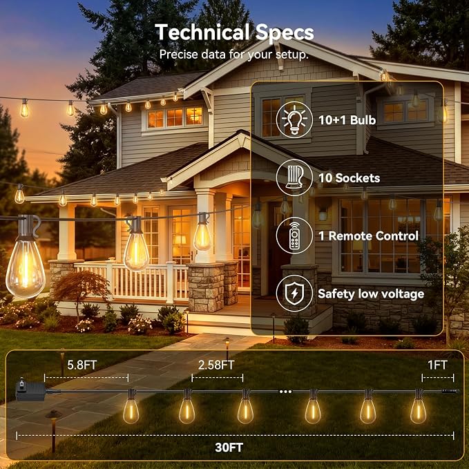 30FT Patio String Lights Outdoor, 10+1 LED Shatterproof Bulbs with Remote & Timer,2700K Dimmable Waterproof Hanging Decor for Backyard, Garden, Porch, Balcony, Wedding Party Lighting