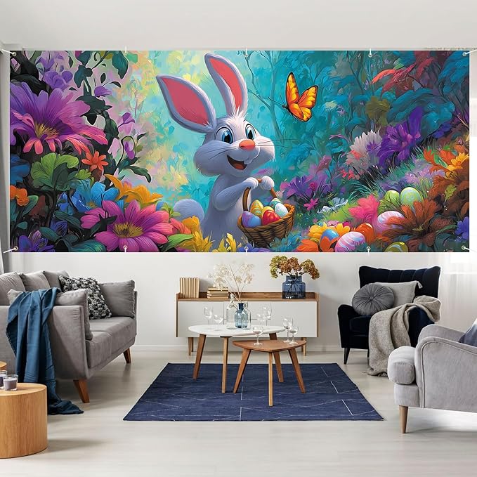7 * 16FT Summer Garage Door Cover Decorations Sunset Palm Trees Garage Door Banner for Outdoor Indoor Summer Party Photography Backdrop (easter rabbit, 7 * 16 ft)
