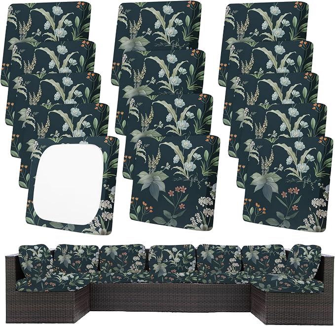 14Pcs Patio Cushion Covers,Outdoor Cushions Covers,Stretch Cushion Covers Replacement, Washable and Reusable Furniture Protectors(Plants)