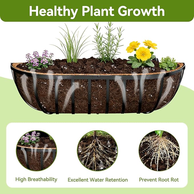 Halatool 24 Inch Heavy-Duty Metal Deck Railing Planter Box, 2 Pack Rust-Resistant Window Boxes Planters with Coco Liner & Adjustable Brackets, Grow More On Your Balcony, Patio & Fence