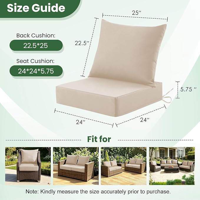 Patio Cushions for Outdoor Furniture, 24x24 Outdoor Couch Cushions, Waterproof & Fade-Resistant Patio Chair Cushions with Removable Cover, Replacement Outdoor Deep Seat Cushion, Beige (Set of 2)