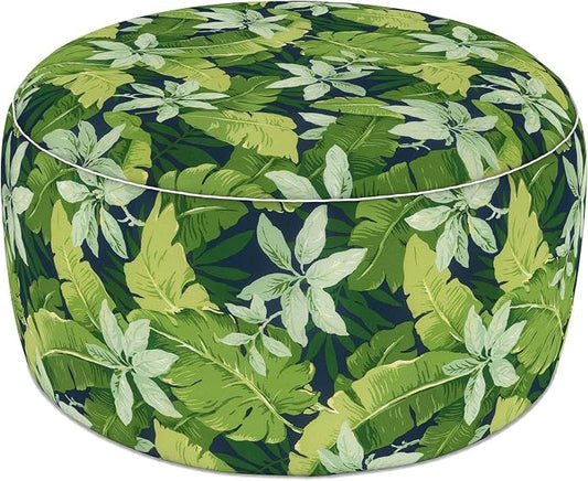LVTXIII Indoor/Outdoor Large Inflatable Ottoman Pouf D31 x H14 Inch, Round Footstool with Handle, Weather-Resistant Portable Furniture for Patio, Camping, Beach, Jungle Leaves
