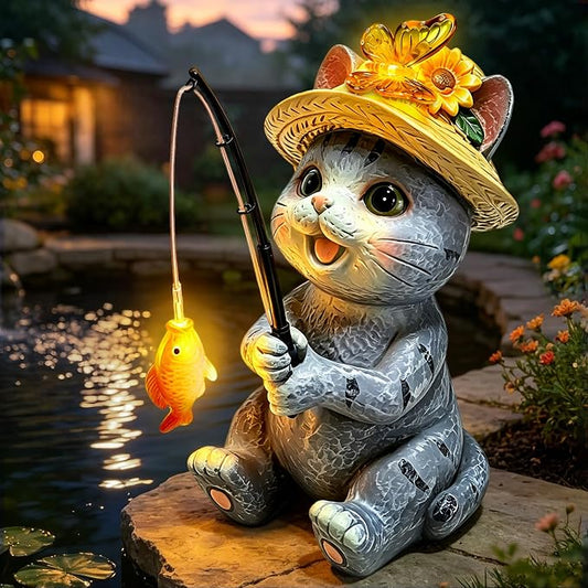 Solar Garden Cat Statues, Outdoor Fishing Cat with Butterfly Solar Lights Waterproof, Birthday Gifts for Cat Lovers Mom Women, Garden Figurines for Yard Decor Patio Porch Lawn Ornaments