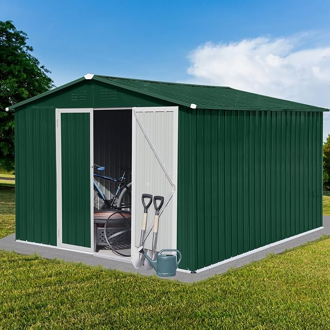 Favfurish 10x8 FT Metal Garden Sheds with Hinged Door and Padlock & Punched Vents,Aluminum Outdoor Storage Shed w/Eco-Friendly Painting,for Bike, Barbeque,Tool,Green+White