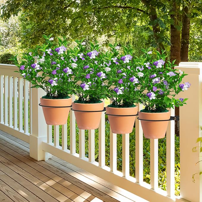 Hanging Flower Pots Holder Deck Railing Plant Container Holder for Round Pot Planters (10") Hanging Bucket Flower Pot Holder for Patio Balcony Outdoor Plants 4 Pack