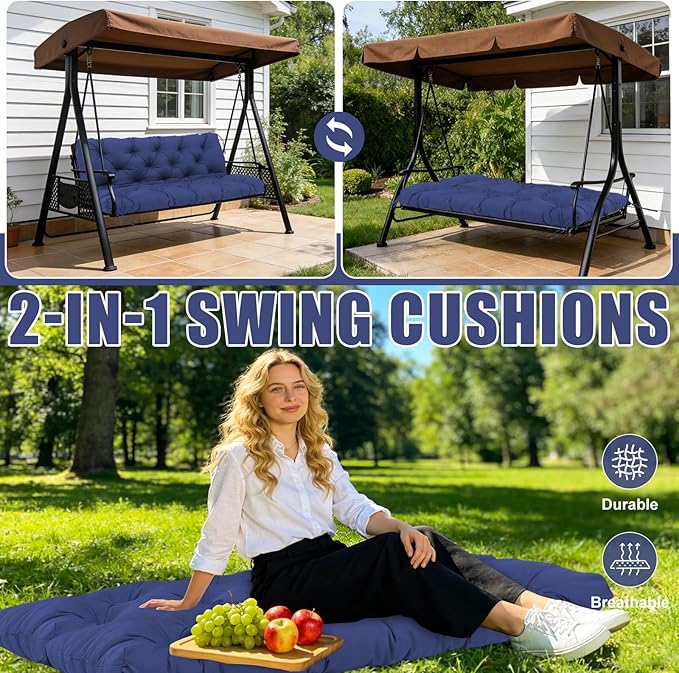 Porch Swing Cushions 40 inch Waterproof & Fade Resistant Thicken 5" Outdoor Swing Cushions 2 Seater Replacement with Backrest & Ties Patio Swing Cushions for Outdoor Furniture (Navy Blue)