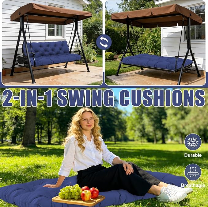 Porch Swing Cushions 70 inch Waterproof & Fade Resistant Thicken 5" Outdoor Swing Cushions 3 Seater Replacement with Backrest & Ties Patio Swing Cushions for Outdoor Furniture (Navy Blue)