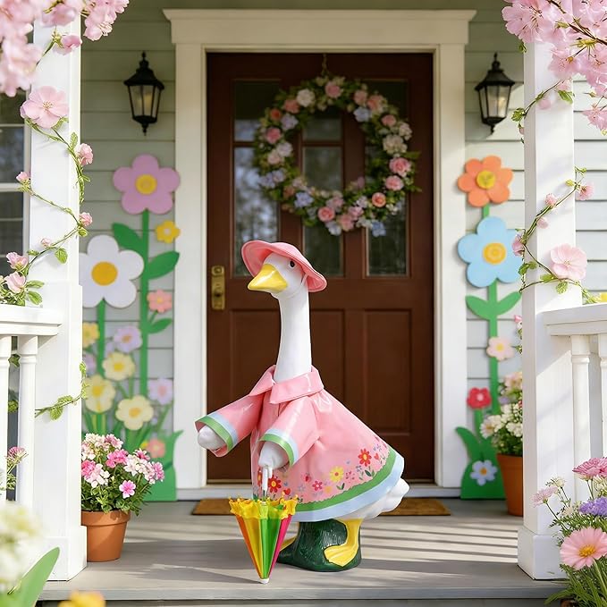 DECOHS 3 Pcs/Set Raincoat Porch Goose Outfits, Summer Lawn Goose Statue Raincoat Costume, Yard Goose Clothes Raincoats Umbrella Hat Outfit for 23" Statue Patio Garden Decoration (Pink)