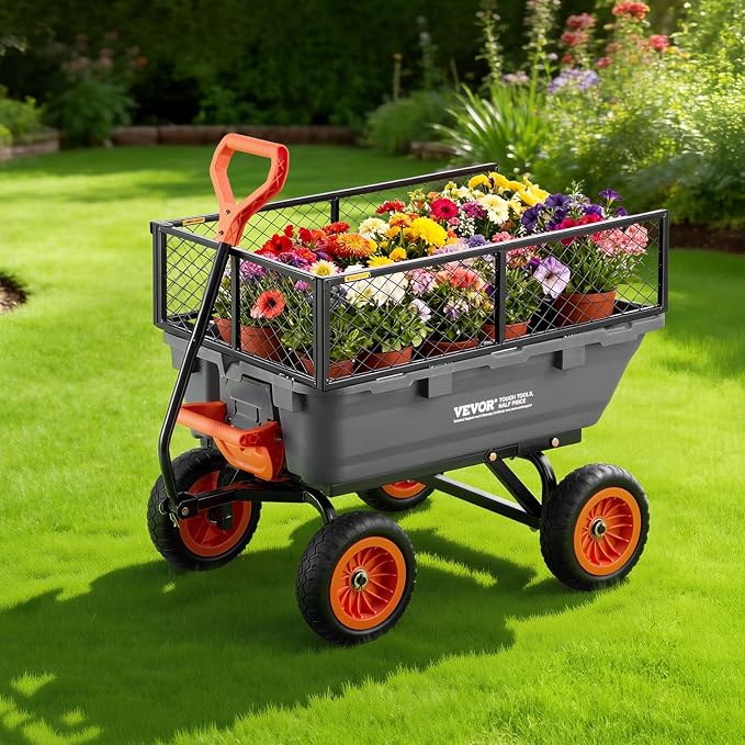 VEVOR 800LBS 7 CU.FT Poly Garden Cart Dump Wagon, Heavy Duty 4 Wheel Wheelbarrow with 10" Flat Free Tires, Yard Cart Dump Wagon with Removable Raised Sides and Quick-Release System