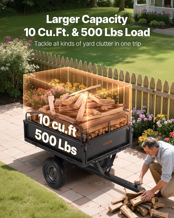 VEVOR 10 Cu.Ft. & 500lbs ATV Trailer Dump Cart Tow Behind, Heavy Duty Utility UTV Trailer, Tow Behind Steel Yard Dump Wagon Cart with 14" Tires for Lawn Mower Tractor