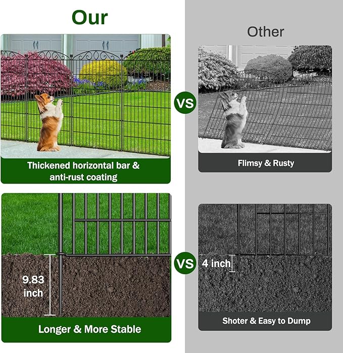 12 Panel No Dig Decorative Garden Fence - 42in H x 25.67 ft L, Tall Animal Barrier for Dogs Rabbits, Rustproof Metal Wire Panels for Yard, Patio, and Outdoor Border Use