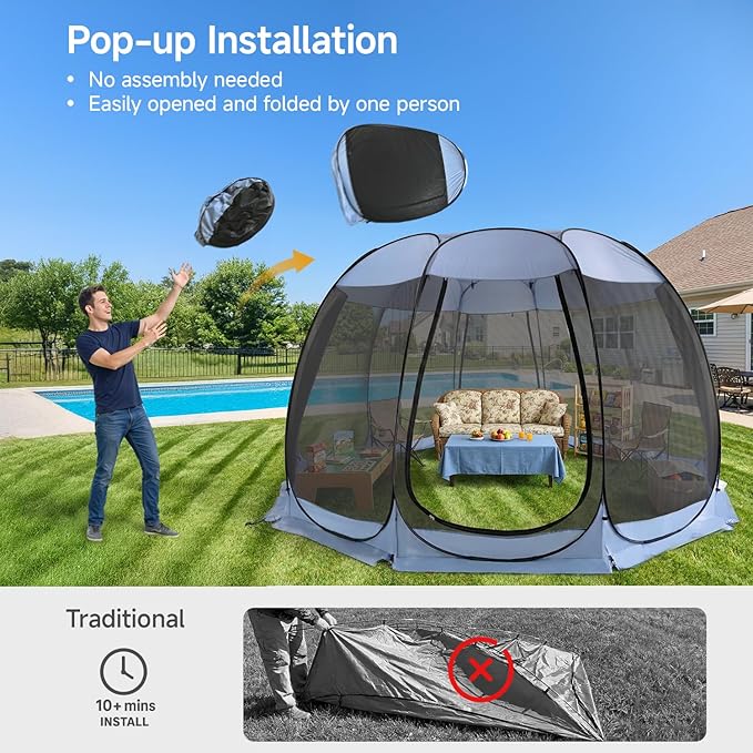 Alvantor Pop Up Screen House Tent, Instant Outdoor Gazebo with Mosquito Netting & UPF 50+ Sun Protection, Portable Canopy Shelter for Patio, Backyard, Camping (2-10 Person)