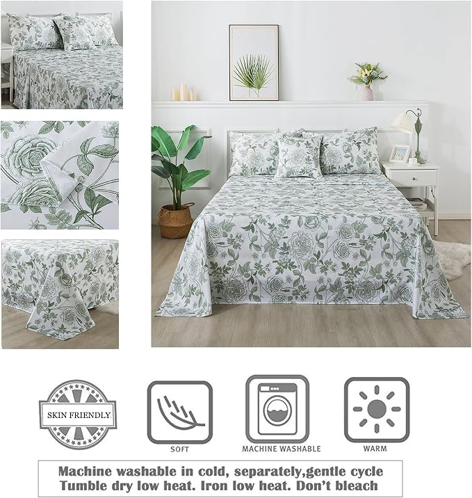 FADFAY Sheets Set Twin XL Vintage White and Green Floral Bedding Elegant Peony Sheets Shabby Rose Farmhouse Bedding 100% Egyptian Cotton 800 Thread Count Deep Pocket Fitted Sheet 4Pcs, Twin XL Size