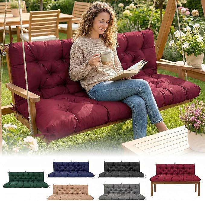 Waterproof Porch Swing Cushions 60 Inch,2 3-Seater Replacement for Outdoor Furniture with Backrest and Straps, Thick 4" Swing Seat Bench Cushion for Loveseat Glider Bench Patio Lawn Backyard
