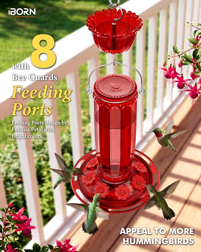 iBorn Hummingbird Feeders for Outdoors Hanging with Ant Moat for Hummingbird Feeder Glass 8 Ports for 16oz Humming Bird Nectar, Red Flowers Red Glass, Pack of 1
