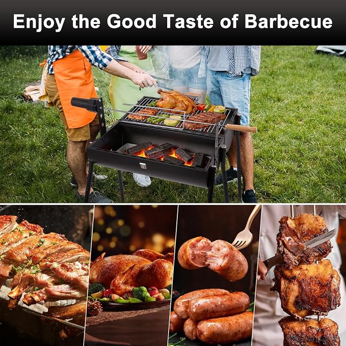 Portable Charcoal Grill with Thermometer - Barrel Charcoal Grills with Central Rotisserie Rack Double-sided Smoker Grill Outdoor BBQ Grill, Perfect for Backyard Camping, Patio Parties and Picnics