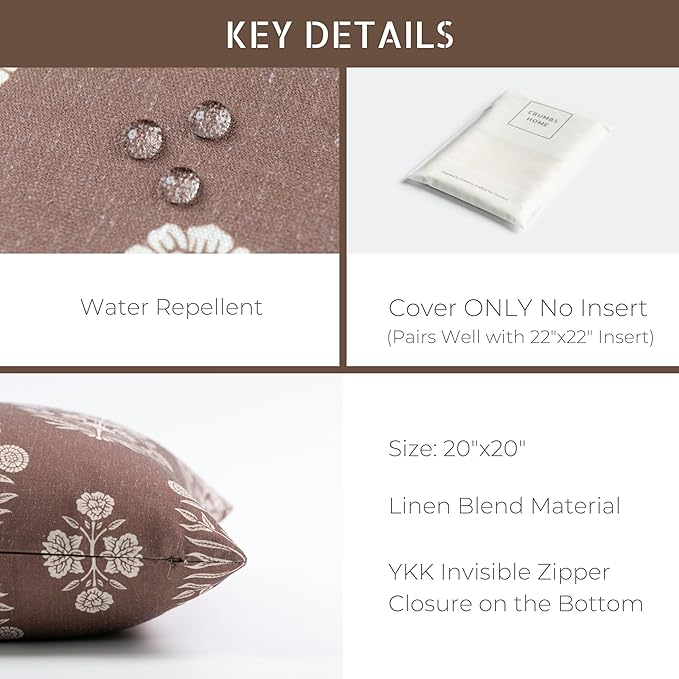 Crumbs Home Modern Farmhouse Fall Linen Indoor Outdoor Throw Pillow Cover Only, 20"x20" Water Repellent for Patio, Backyard, Couch, Cocoa Brown Ivory Cream Floral