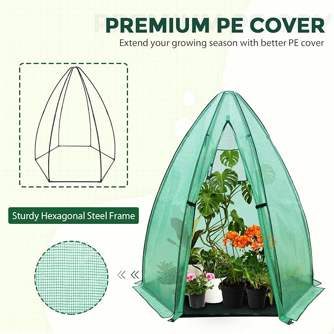 EAGLE PEAK Portable Mini Dome Greenhouse with Zippered Door and Mesh Window, Outdoor Mini Hexagon Greenhouse Kit for Indoor Outdoor Gardening 6' x 5'3'', Green PE Cover