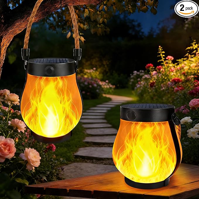 2 Pack Solar Lanterns Outdoor Waterproof, Flickering Flame Hanging Lanterns Decorative Outdoor with 2 Modes, Dual Charging USB & Solar-Powered Outdoors Lantern for Porch Yard Patio Tree Garden Decor