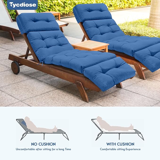 Outdoor Chaise Lounge Chair Cushion Waterproof 74.4 x 22 x 4.7 Inches Lounge Chair Cushions Replacement for Outdoor Furniture with Ties, Thickened Pool Lounge Chair Cushion, Royal Blue