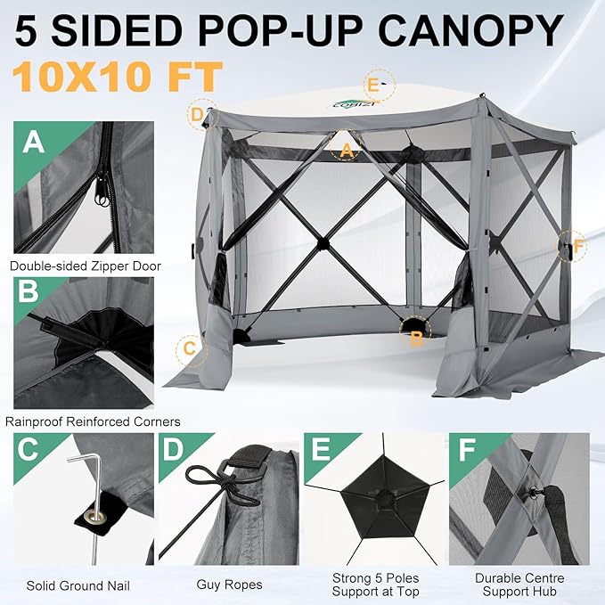 COBIZI 10x10 FT Pop up Gazebo, Popup Canopy Tent,Instant Screened in Gazebos, Waterproof Portable Outdoor Small Screen Tents Sun Shelter,carpas para Patio for Camping, Garden and Backyard,Gray