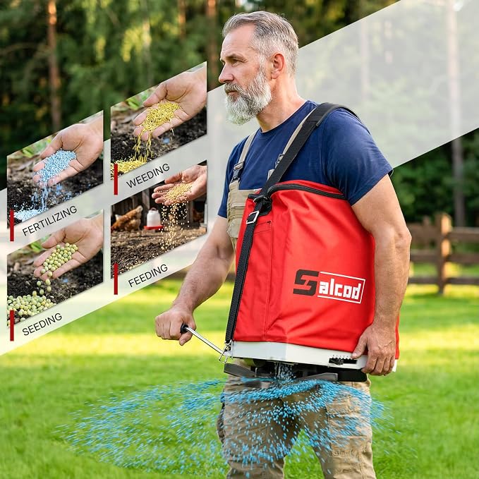 Salcod 25LB Bag Seed Spreader for Lawn, Adjustable Handheld Fertilizer Spreader with Shoulder Strap, Broadcast Grass Seed Spreader for Lawn Care, Garden Seeding, Yard Fertilizing