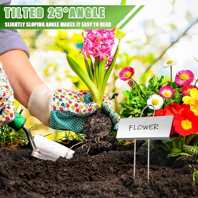 Maitys 62 Pcs Metal Plant Labels Garden Markers Outdoor Weatherproof 10.6 Inch Stainless Steel Nursery Tags Reusable Bulk with Pens for Flower Fruit Vegetable Seedling (Silver Label with Black Ink)