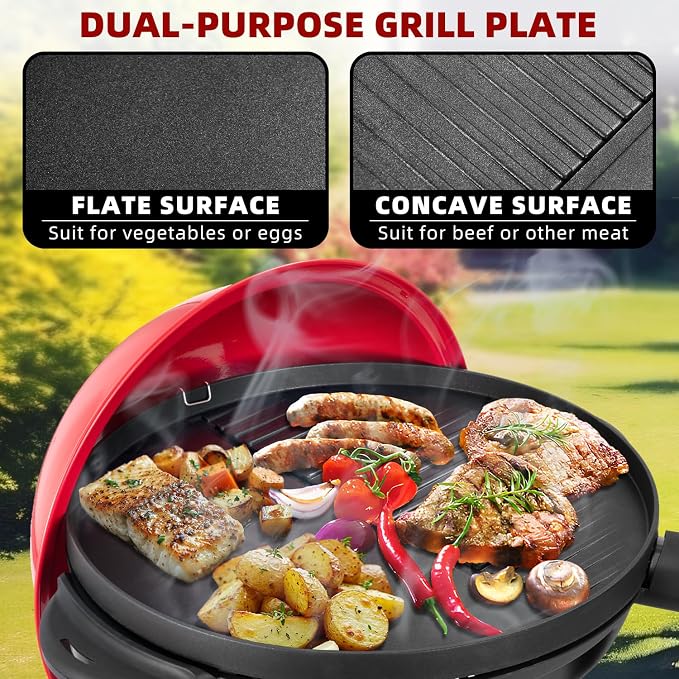 QPMR Electric Grill Outdoor/Indoor,Portable BBQ Grill with Nonstick Surface,200 Square Inches Indoor Electric Barburcue Grill with Adjustable Heat,Stand/Tabletop,for Patio/Yard/Home(Red)