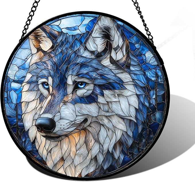 DASTOLL Stained Glass Window Hanging - Funny Wolf Suncatcher Ready to Hang Window Doors Home Decoration and Christmas, Mother's Day Birthday Gifts for Women, Men, and Mom 6.3x6.3 in